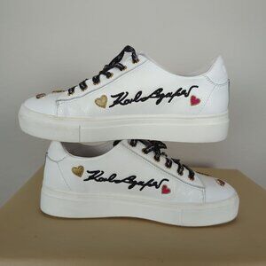 Karl Lagerfeld Paris White Leather Sneakers Cate Pins Hearts Karl Cat 7.5